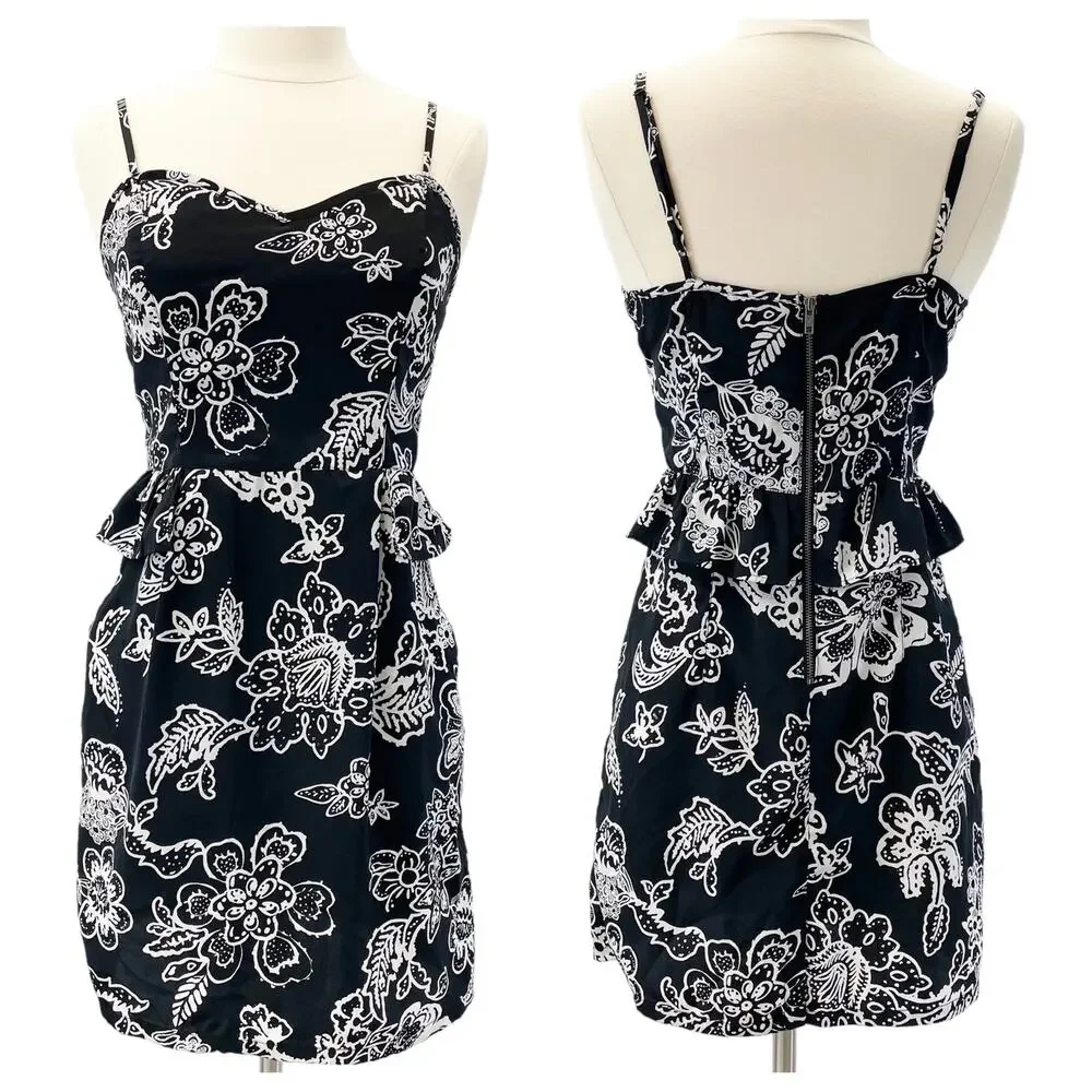 American Eagle Womens 6 Floral Sleeveless Dress Black White Peplum Sweetheart‎